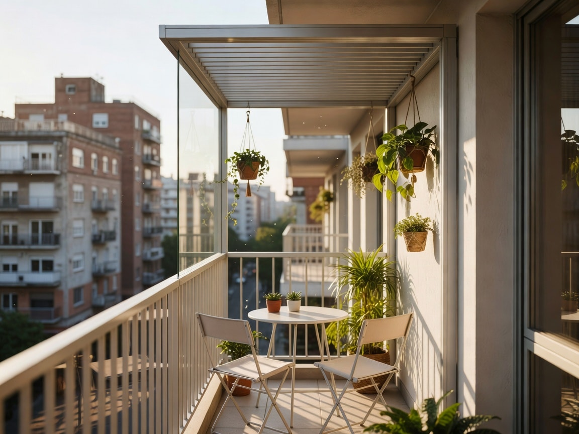 Dar apartman balkonuna kurulmuş kompakt pergola