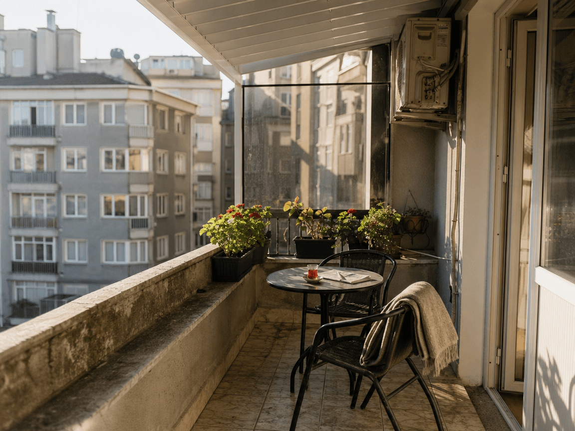 Beyaz alüminyum pergola ile kapatılmış, çay masası kurulmuş İstanbul balkonu