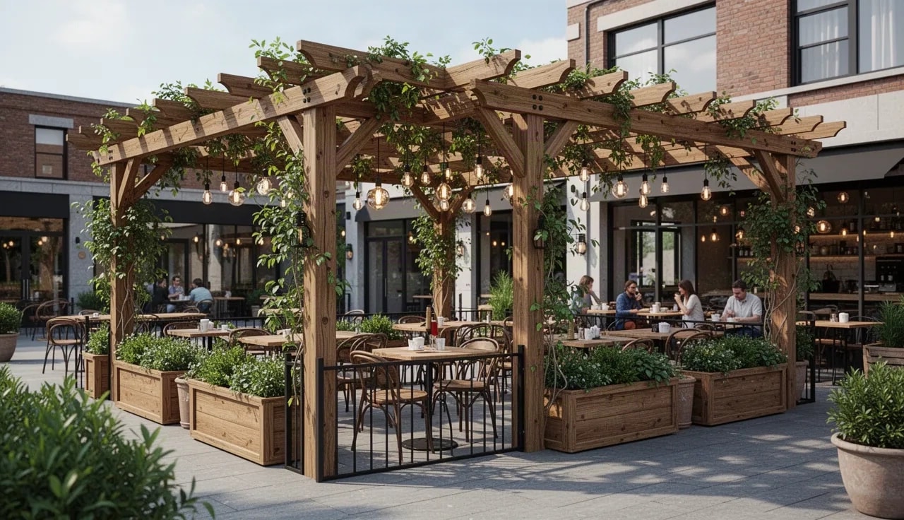 Kafe bahçesine kurulmuş pergola tente
