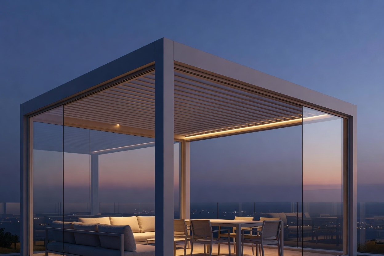 Akşam aydınlatması yanan bioklimatik pergolalı villa terası