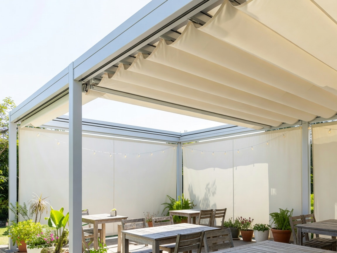 Kafe bahçesinde yarı toplanmış motorlu kumaş çatılı pergola